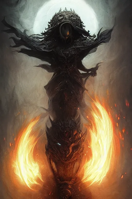 Image similar to Black Orb of Fire, digital art, fantasy, magic, trending on artstation, illustration by Seb McKinnon and Peter Mohrbacher, ultra detailed, atmospheric, powerful presence, bossfight, darksouls, grand finale, explosive entrance, final battle, cutscene, cinematic lighting, beautiful goddess, unleashing the power of the flame, burning pulse, close-up