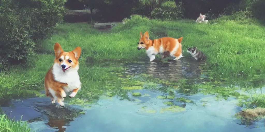 Prompt: Corgis in the pond, there is blue sky, there is water splash, there are kittens by the pond, the atmosphere is cheerful, the colors are bright, high picture quality, by Makoto Shinkai