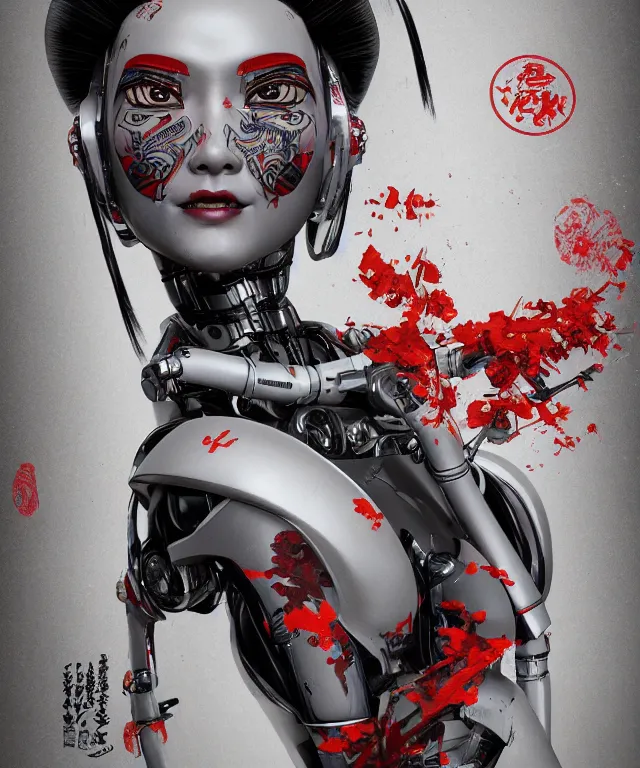 Image similar to an epic fantastic realism comic book style portrait painting of a japanese robotic geisha with kanji tattoos and decals, apex legends, octane render, intricate detail, 4 k hd, unreal engine 5