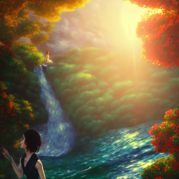 Prompt: an epic makoto shinkai and renoir surreal landscape of a woman's brown hair mixed with a waterfall, 🌺, golden hour, ultra smooth, lois van baarle, ilya kuvshinov, unreal engine, blender, trending on artstation, suntur, caleb worcester, highly detailed, photorealism, bloom effect 8 k