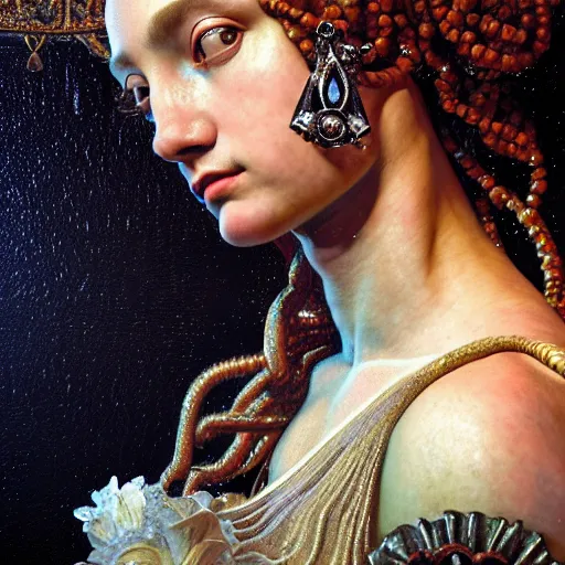 Prompt: baroque neoclassicist closeup renaissance portrait of beautiful river goddess with stars in her hair, reflective detailed textures, glittering silver ornaments, dark fantasy science fiction painting by diego rivera and jean delville and ruan jia and nicholas roerich and annie swynnerton and sam spratt, dramatic lighting, cool color palette, artstation, octane render, unreal engine