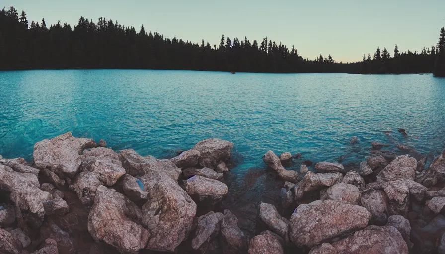 Image similar to cinematic wide shot of a lake with a rocky foreground, sunset, a bundle of rope is in the center of the lake, leica, 2 4 mm lens, 3 5 mm kodak film, f / 2 2, anamorphic