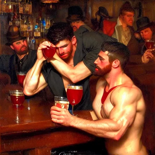 Image similar to attractive muscular male with red hair and muscular attractive male with black hair, drinking their hearts out, in a pub. very defined and highly detailed painting by gaston bussiere, j. c. leyendecker, craig mullins 8 k