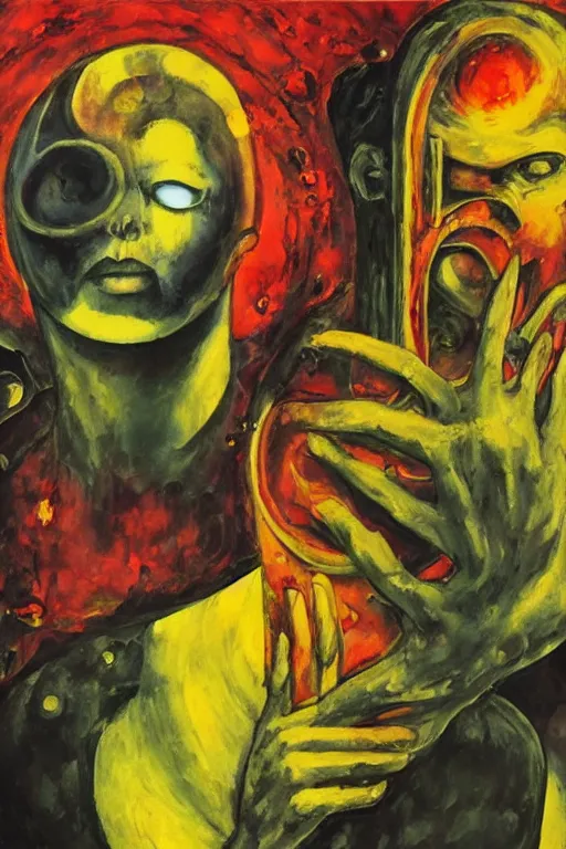 Image similar to surreal a lithe brian molko as delirium of the endless, the sandman, in a post apocalyptic hellscape, esoteric symbolism, intense emotional power, red yellow black, palette knife oil painting by peter booth, josh kirby and william blake