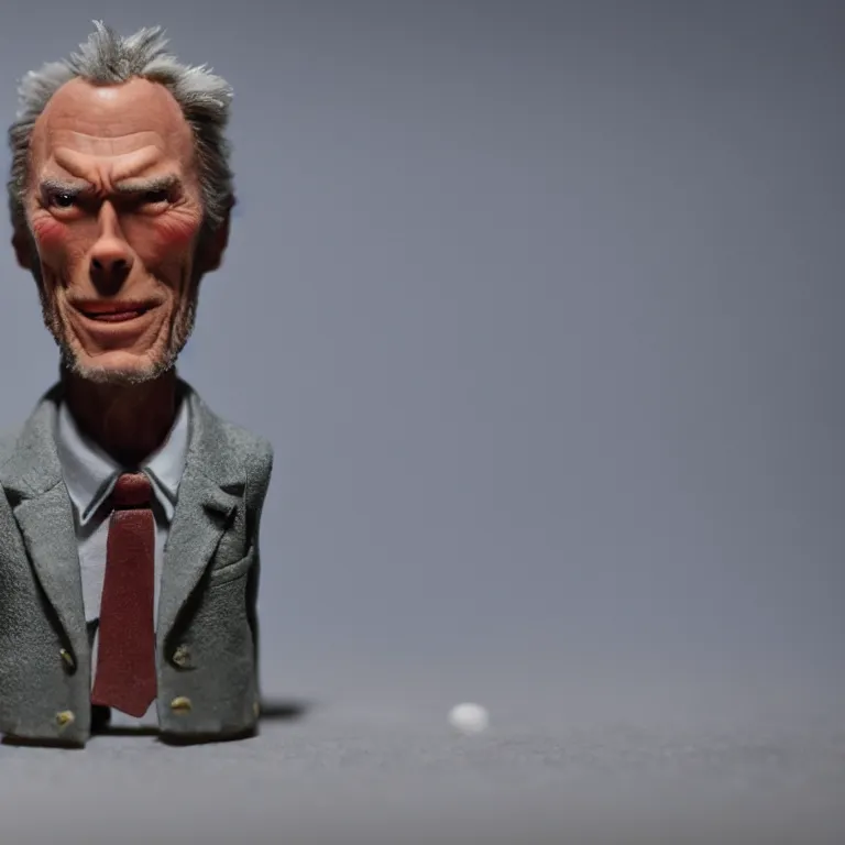 Prompt: a cinematic film still of a claymation stop motion film starring clint eastwood, shallow depth of field, 8 0 mm, f 1. 8