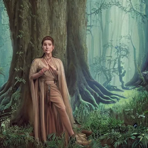 Prompt: Portrait of Carrie Fisher in Star Wars (1977) as a dryad, characteristic sparkling green eyes, looking straight to the camera, illuminated for rays of light, behind her is an ancient forest full of life, by Annie Leibovitz, Ellie Victoria Gale and Steve McCurry, matte painting, oil painting, naturalism, 4k, 8k