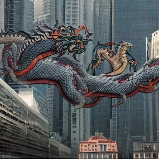 Image similar to 7 headed dragon flying in a city