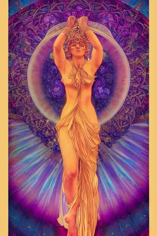 Image similar to beautiful goddess of space and dreams by maxfield parrish artgerm, in frame, mandala, coherent design, perfect symmetry, vivid colors, digital watercolor ink illustration painting, complementary color, golden ratio, detailed, sharp lines, sharp focus, intricate, rainbowshift, gustave dore, alphonse mucha, octane render