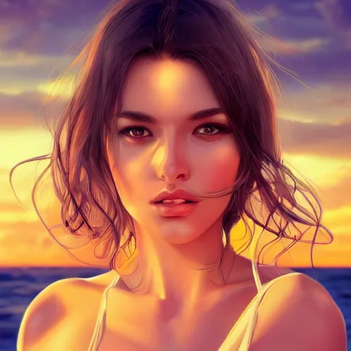 Prompt: symmetry!!!!!!! portrait of beautiful woman on the beach, hazel eyes, sunset, golden hour, highly detailed, elegant lighting, sharp focus, bokeh, trending on art station, digital painting by wlop, rossdraws, artgerm.