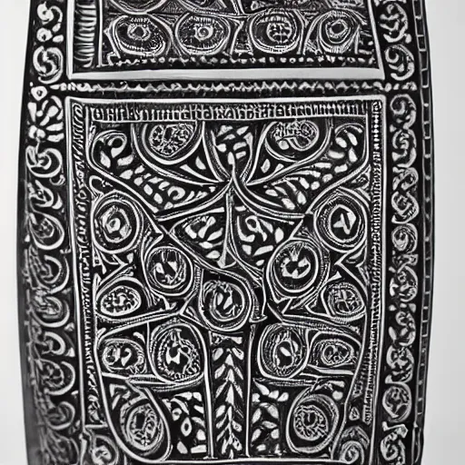 Image similar to a medieval indian word engraved with an intricate geometric pattern of mandalas on the blade and handle, photo, hyperdetailed, museum, studio lighting