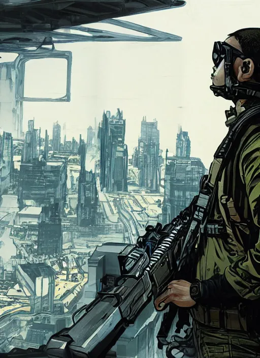 Image similar to Hector. USN special forces operator looking at city skyline. Agent wearing Futuristic stealth suit. rb6s, MGS, and splinter cell Concept art by James Gurney, Alphonso Mucha.