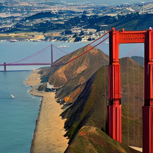 Prompt: Skyscraper on left and right, central golden gate bridge