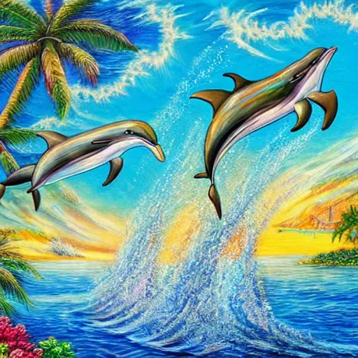 Image similar to dolphins leaping out of water in bay with sandy beach and palm trees, beautiful detailed painting in the style of josephine wall 4 k