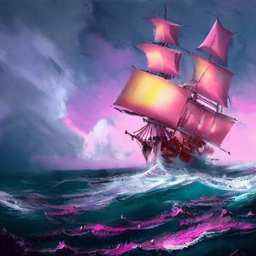 Prompt: pink-painted galleon ship sailing through a storm, rough seas, lightning, video game concept art, trending on artstation