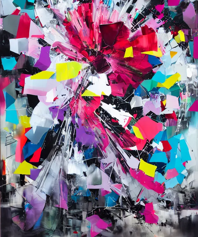 Image similar to acrylic and spraypaint portrait of origami architecture, frank gehry architecture, giant rose, rose petals, graffiti wildstyle, explosions, large brush strokes, painting, paint drips, acrylic, clear shapes, spraypaint, smeared flowers, large triangular shapes, painting by totem 2, ashley wood, jeremy mann, masterpiece