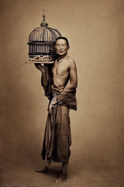 Image similar to photo portrait of a tibetan man with a birdcage crossing his body, by Annie Leibovitz