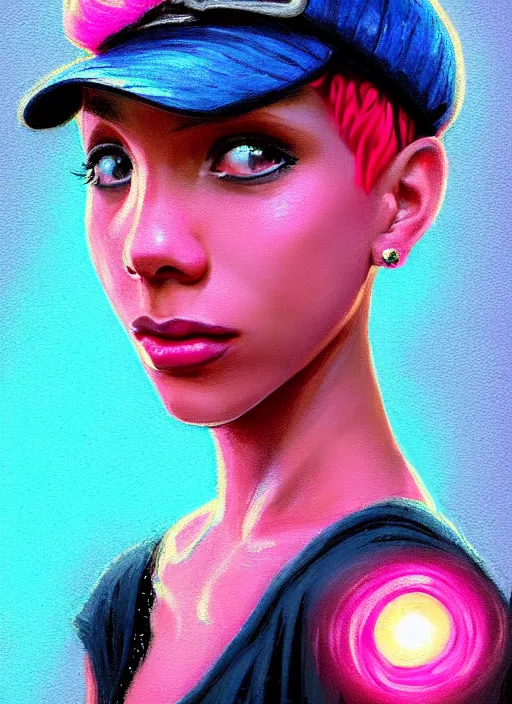 Image similar to portrait of teenage vanessa morgan with bright pink hair, black girl, curly pixie cut hair, wearing newsboy cap, pink short haircut, newsboy cap, hoop earrings, blue eyes, intricate, elegant, glowing lights, highly detailed, digital painting, artstation, concept art, smooth, sharp focus, illustration, art by wlop, mars ravelo and greg rutkowski