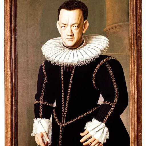 Prompt: a candid sixteenth - century painting of tom hanks wearing an elizabethan ruff