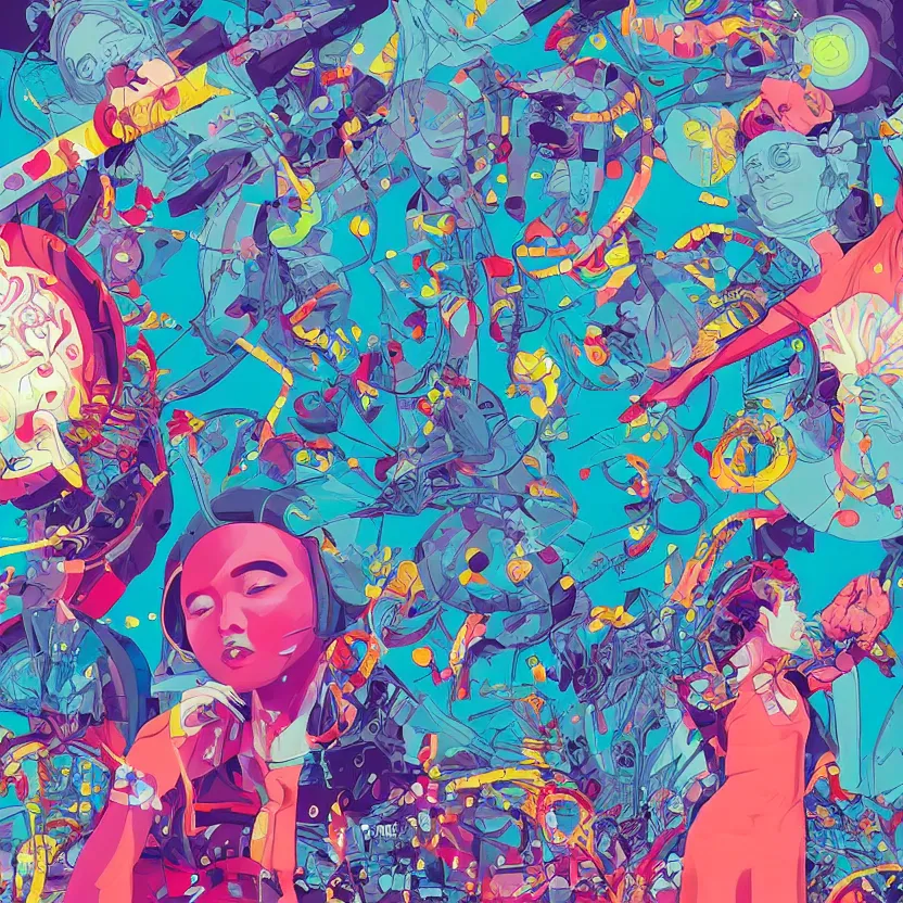 Image similar to chemistry in action by tristan eaton, beeple and james jean, chiho aoshima color scheme