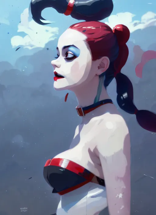 Image similar to portrait of harley quinn, cloudy sky background lush landscape illustration concept art anime key visual trending pixiv fanbox by wlop and greg rutkowski and makoto shinkai and studio ghibli