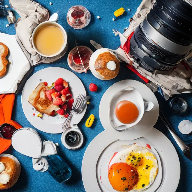 Prompt: breakfast in space, dslr photograph, color graded