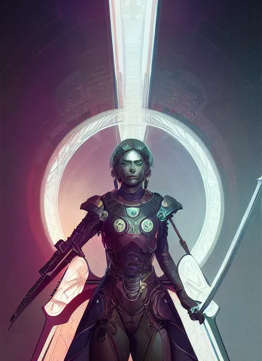 Image similar to symmetry!! portrait of a female character with a sword and armor, sci - fi, tech wear, glowing lights!! intricate, elegant, highly detailed, digital painting, artstation, concept art, smooth, sharp focus, illustration, art by julian del rey and greg rutkowski and alphonse mucha