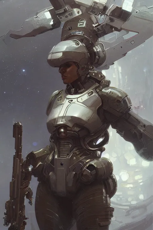 Prompt: A full portrait of a scifi heavy deep space soldier, intricate, elegant, highly detailed, digital painting, artstation, concept art, smooth, sharp focus, illustration, art by Krenz Cushart and Artem Demura and alphonse mucha