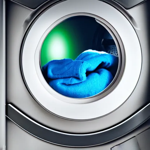Prompt: photograph of circular door of washing machine washing colorful clothes and a toy astronaut. 8k resolution. hyperrealistic.