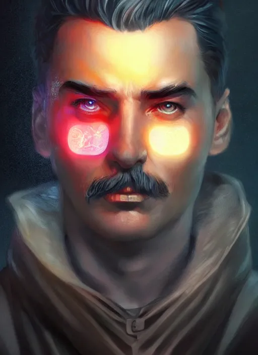 Image similar to « a portrait o cyberpunk joseph stalin, glowing eyes, a digital painting by charlie bowater, featured on cgsociety, fantasy art, behance hd, wiccan, artstation hd »