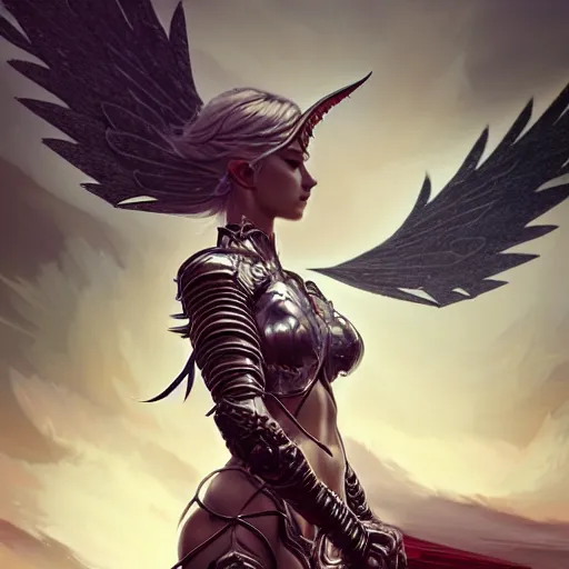 Image similar to 3 / 4 view of a warrior woman with wings, pixie, genshin impact,, intricate, elegant, sharp focus, illustration, highly detailed, concept art, matte, art by wlop and artgerm and greg rutkowski, fashionable neotenous goddess, latex and futuristic attire, h 6 4 0