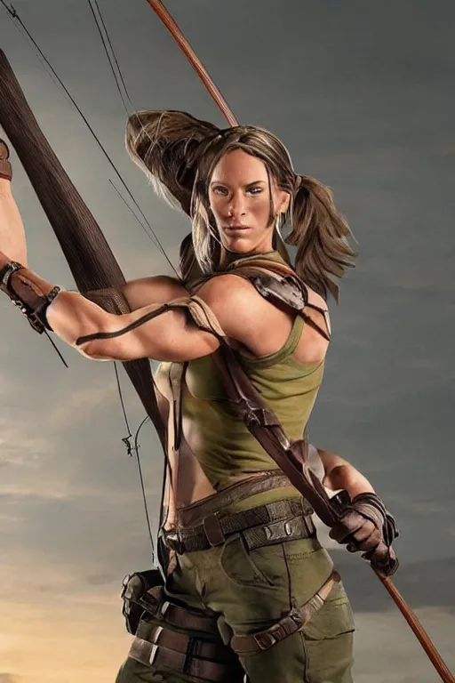 Image similar to muscular laura croft hold bow and arrow