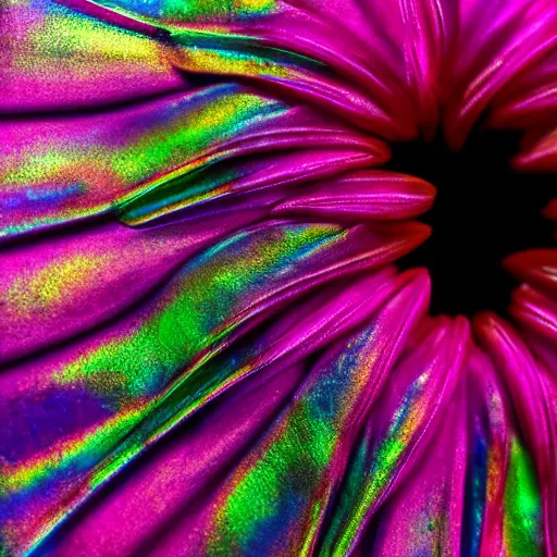 Prompt: An ultra high definition studio photograph of an alien flower in a simple vase on a plinth. The flower is multicoloured iridescent. High contrast, key light, 70mm.