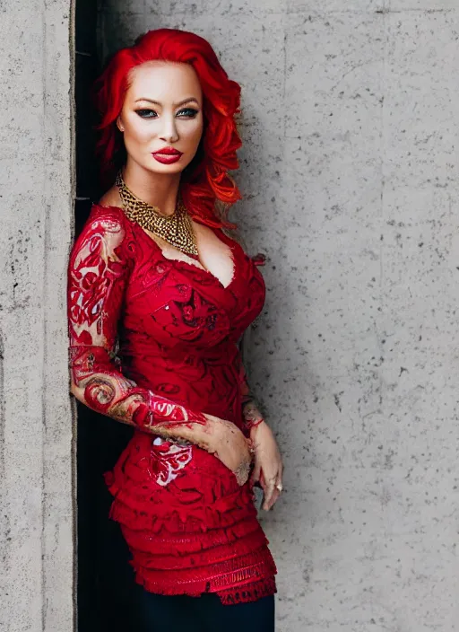 Image similar to portrait of lindsey pelas wearing kebaya with red hair, by charlotte grimm, natural light, detailed face, canon eos c 3 0 0, ƒ 1. 8, 3 5 mm, 8 k, medium - format print