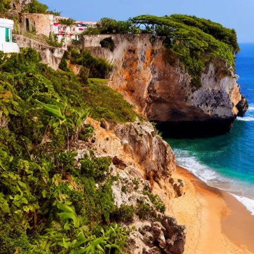 Prompt: photo of a spanish galleon in front of a jamaican shoreline cliff with a cave