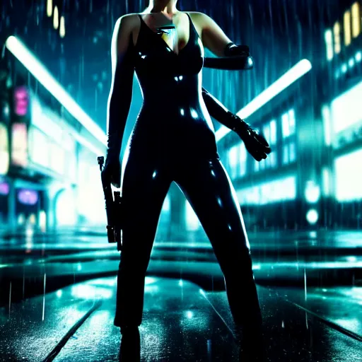 Prompt: jennifer lawrence starring in a cyberpunk movie in a distopic futuristic city in the style of bladerunner, wearing a sexy black catsuit, holding a gun, movie still, highly detailed, rainy night, volumetric lights, studio lighting, dramatic, scifi, sharp focus, ground mist
