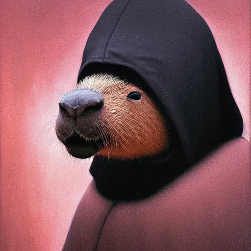 Image similar to a portrait of a capybara wearing a black hood, cloak covering face, anatomically correct, beautiful perfect face, enigmatic, oil painting, matte, black background, volumetric dynamic lighting, highly detailed, cinematic lighting, unreal engine, 8 k, hd, by beksinski