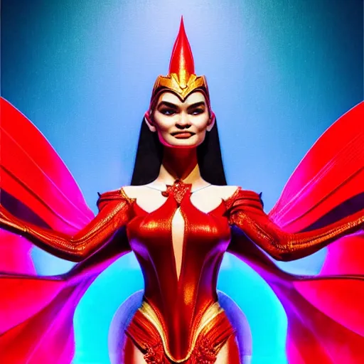 Prompt: pia wurtzbach as darna, wax figure, volumetric lights, red and cyan theme, art nouveau botanicals, intricate, highly detailed, digital painting, artstation, concept art, smooth, sharp focus, cinematic, illustration, beautiful face, art by artgerm and greg rutkowski and alphonse mucha