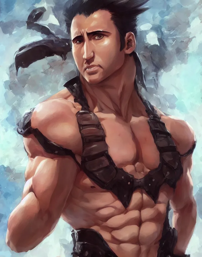 Image similar to anime portrait of nicolas cage as a muscular anime boy by Stanley Artgerm Lau, WLOP, Rossdraws, James Jean, Andrei Riabovitchev, Marc Simonetti, and Sakimichan, trending on artstation