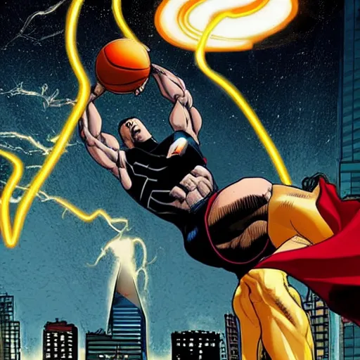 Image similar to black adam from dc comics dunking a basketball over superman on a city court at midnight. a major magical lightning storm in the sky.