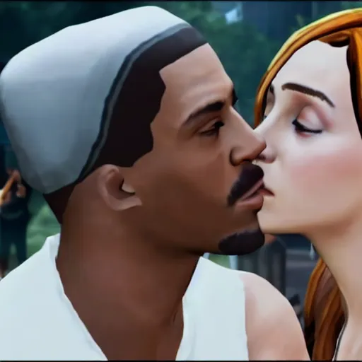 Image similar to emma watson kissing with carl johnson from gta san andreas in cinematic 4k