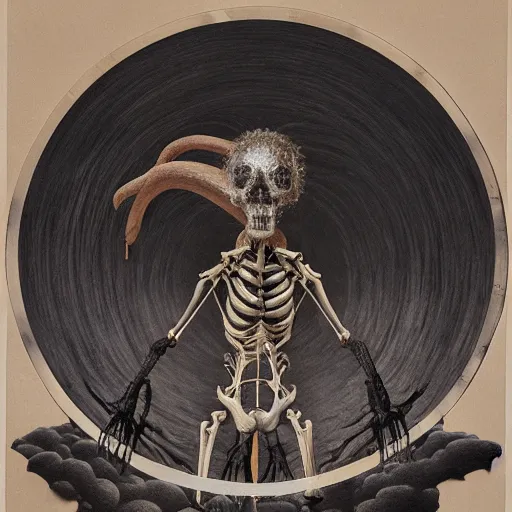 Prompt: enso, multiple exposure by chris leib manmade. in the center of the print is a large gateway that seems to lead into abyss of darkness. on either side of the gateway are two figures, one a demon - like creature, the other a skeletal figure.