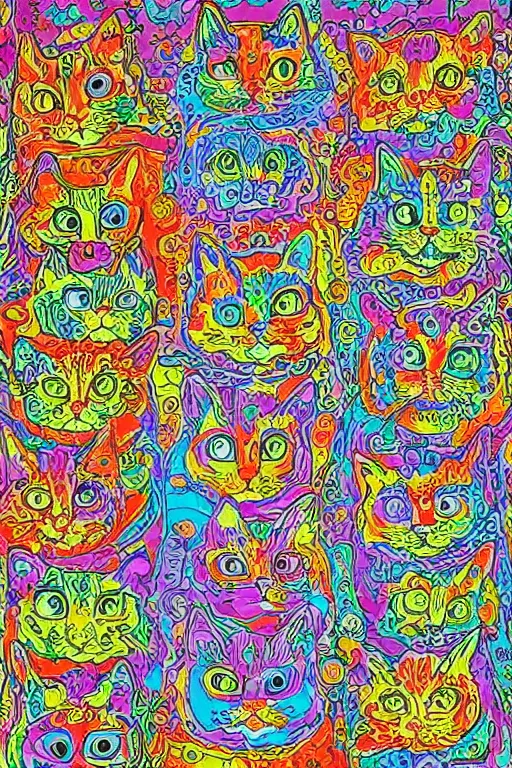 Image similar to Psychedelic cats in the style of Louis Wain