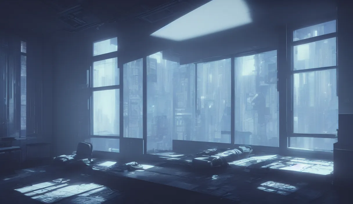 Image similar to a cyberpunk minimalistic room with small windows, dramatic lighting, hyper realistic, photography, 3 5 mm, kodak film, 8 k, octane render, unreal engine render, concept art, volumetric lighting, foggy