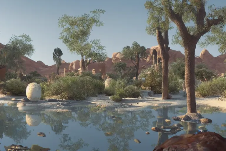 Image similar to desert oasis in a translucent casing electronic environment, ps 4 screenshot, still from a kiyoshi kurosawa movie, sanriocore, full sun lighting, caustic lighting