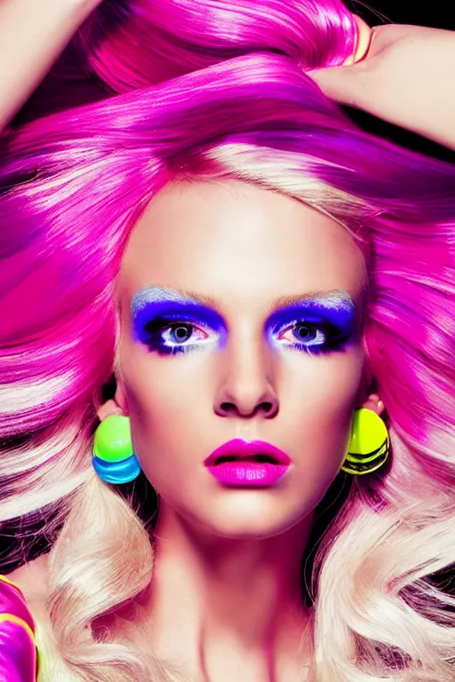 Prompt: one Blonde woman with Hollywood wave hairstyle in rave dress, one model, bright colors, rave style, dynamic pose, Big earrings, many details, photo for a magazine, photo for a store, fashion photography, Vogue, cinematic, hyper realism, high detail, 8k, very coherent symmetrical work, perfect face model, full length photo, Upper and lower body, white skin tone, white eyes, photographer style by Nik Night Erik Madigan Hec and Walter Chin and Camilla Akrans and Miles Aldridge