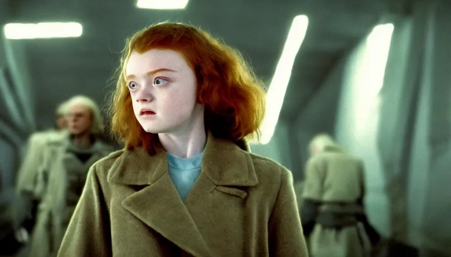 Image similar to sadie sink with trimmed hair in oversized man's coat : a still from a scifi soviet cyberpunk film from 1 9 8 0 s. by steven spielberg, robert zemeckis, francis ford coppola, james cameron. 6 5 mm low grain film stock. sharp focus, realistic facial expression, perfect anatomy, global illumination, radiant light, detailed and intricate environment, trending on artstation