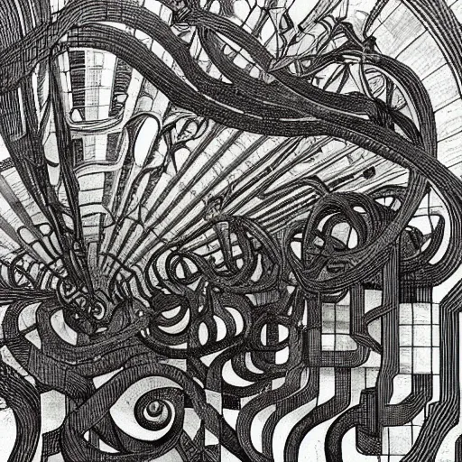 Image similar to the world is labyrinthine beyond possibility of imagining, inhabited on many levels by alien intelligence, infinite in extent, staggering in its beauty, terrifying in its weirdness, endlessly satisfying and peculiar, by Maurits Cornelis Escher, shining light and shadow, atmospheric, Award winning. Masterpiece, detailed illustration, alphonse mucha