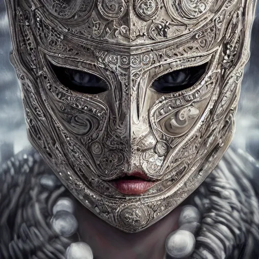 Image similar to Very very very very highly detailed epic photo of face with venetian mask, intricate, dystopian, sci-fi, extremely detailed, digital painting, artstation, concept art, smooth, sharp focus, illustration, intimidating lighting, incredible art by Tokujin Yoshioka and Anton Pieck