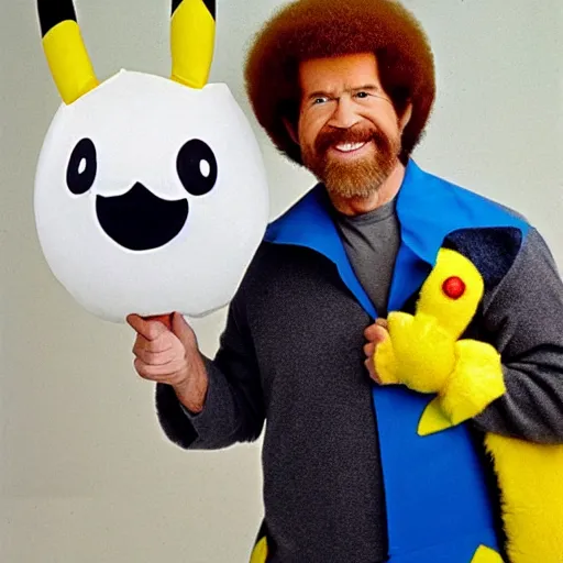 Prompt: a portrait photograph of Bob Ross Wearing a pikachu costume