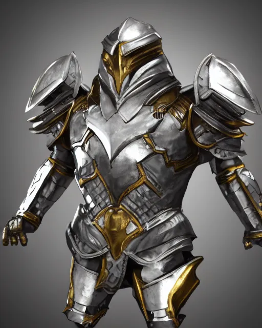 Prompt: fantasy armor, armored warrior, clean silver armor with gold trim, flat shading, trending on artstation